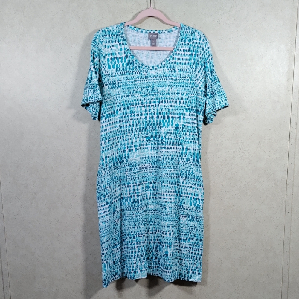 I193 Chico's aqua & teal bubble dot print knit dress 1 M NEW